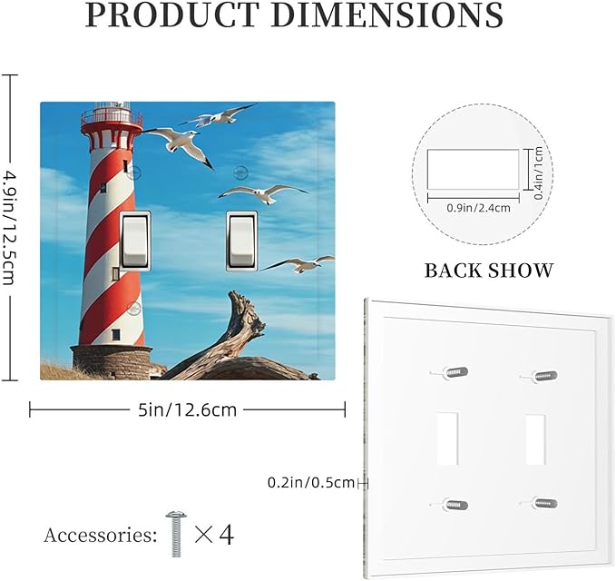 Lighthouse Coastal Scene Double Toggle Switch Cover - 2-Gang Standard US Size Nautical Coastal Beacon Light Switch Covers for Living Room Bathroom Decor