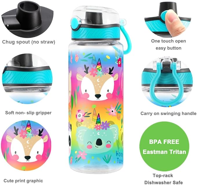 Home Tune Cute Water Bottle for School Kids Girls, BPA FREE Tritan & Leak Proof & Easy Clean & Carry Handle, 23oz/ 680ml (Deer)