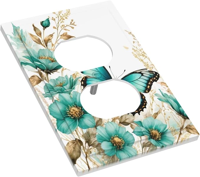 Decorative Outlet Covers Butterfly on Blue Daisy Flower Floral Golden Leaf 1 Gang Duplex Light Switch Cover Plate Wall Plates for Electrical Outlets Electrical Switchplate Face Plate