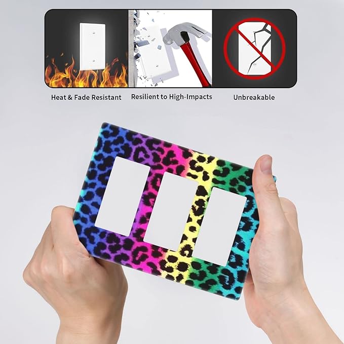 Rainbow Colorful Leopard 3 Gang Triple Rocker/Decor Light Switch Wall Plate Cover Decorative Electrical Faceplate For Girls Boys Home Bedroom Decorate Large Size 6.57" x 4.65