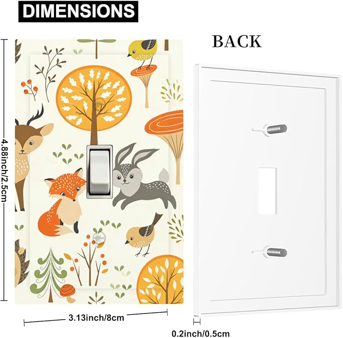 Cute Woodland Animals 1-Gang Toggle Light Switch Plate, Forest Trees Mushrooms and Berries Decorative Wall Plate for Boys & Girls Bedroom