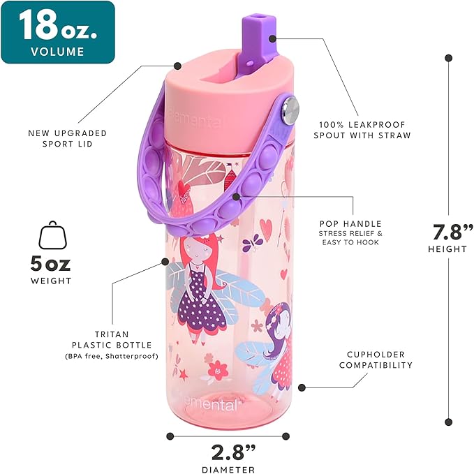 Elemental Water Bottles for Kids - Splash Kids Water Bottle for School with Pop-it Handle - BPA Free Tritan Plastic Water Bottle with Straw Leak Proof when Spout is Closed - Fairy Princess - 18oz