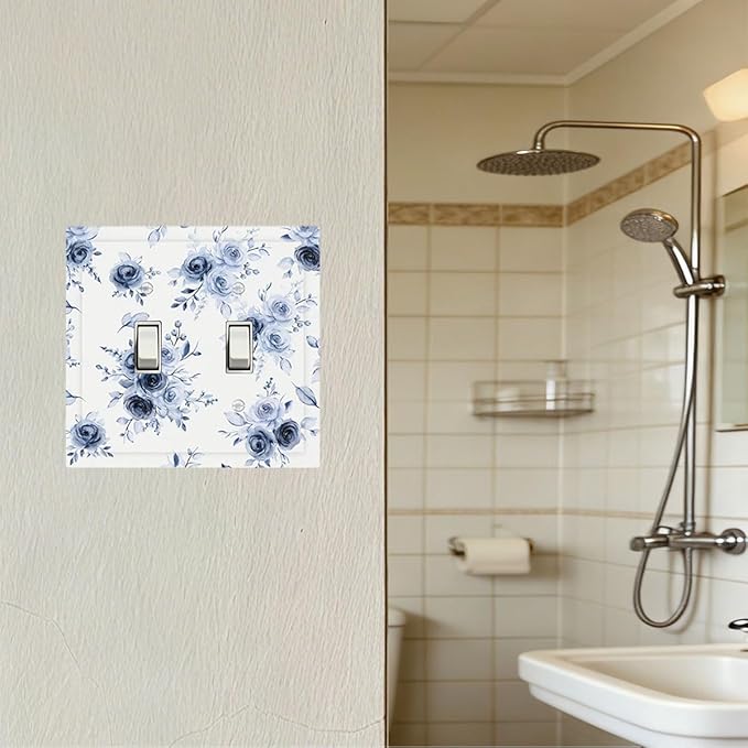 Watercolor Blue Roses Double Toggle Switch Cover - 2-Gang Standard US Size Serene Floral Light Switch Covers, French Country Vintage Bouquet for Farmhouse Homes