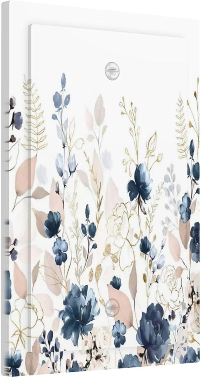 Blue Flora Boho Vintage Flower Golden Leaves Light Switch Cover Plate 1 Gang No Device Blank Electrical Wall Plates Faceplate Decorative Switch Plate Covers for Bedroom Living Room Decor
