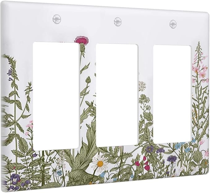 Rustic Wild Floral Vintage Teal Botanical Triple Rocker Light Switch Plate Covers Decorative 3 Gang Decora Wall Plate Gifi Lightswitch Faceplate for Bathroom Kitchen 6.38" X 4.9"