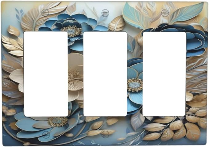 Decorative Art Light Switch Covers Blue and Creamy Floral 3 Gang Triple Rocker Outlet Switch plate GFCI Faceplate GFCI for Home Decor