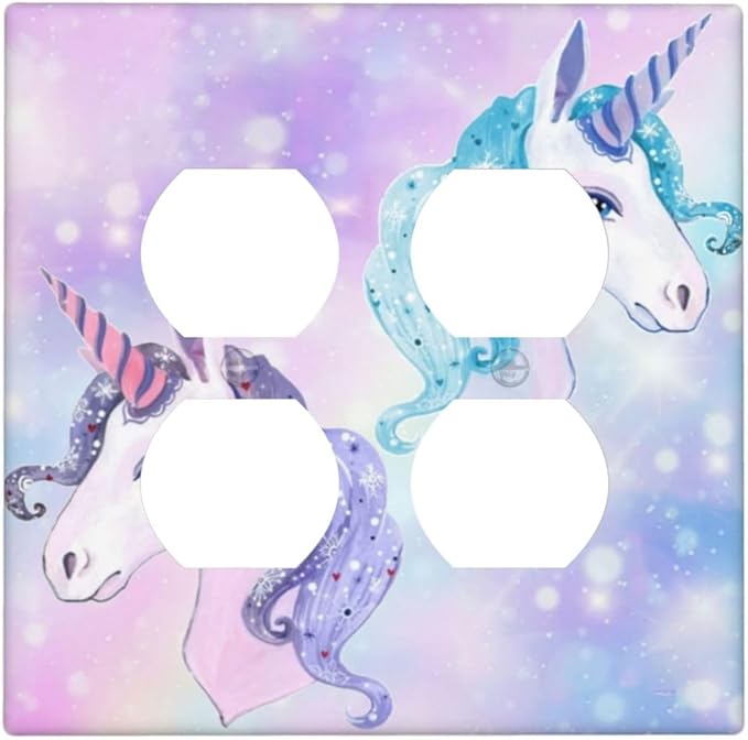 Lovely Fantasy Kid Girl 2-Gang Device Duplex Wall Plate, Cute Funny Cartoon Colorful Rainbow Purple/Blue Unicorn Decorative Two Gang Double Duplex Receptacle Socket Outlet and Light Switch Cover Plate
