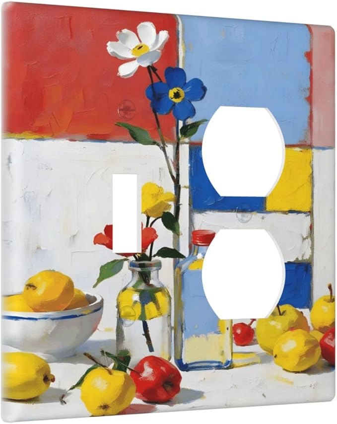 Color Block Floral Still Life Art Red Yellow Blue Abstract Wallplates 1 Toggle 1 Duplex Switch Plate Electrical GFCI Faceplate Decorative Light Switch Covers for Farmhouse Bedroom Decor
