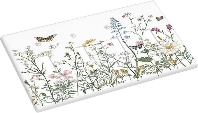Light Switch Covers Rustic Wildflowers Butterfly Colorful Floral Quad Toggle Electrical Faceplate 4 Gang Wall Plate Decorative Switch Plates For Bed Room Living Room Decor