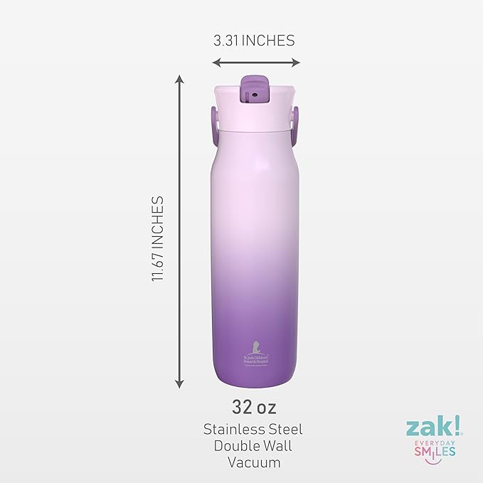 Zak Designs Harmony Water Bottle Benefiting St. Jude, For Travel or At Home, 32oz Stainless Steel is Leak-Proof When Closed and Vacuum Insulated with Straw Lid and Carry Handle (Purple Ombre)