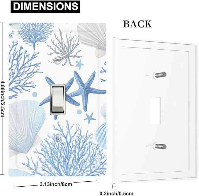 Coastal Blue Coral & Starfish 1-Gang Toggle Light Switch Plate, Watercolor Ocean Treasures Serene Underwater Garden Decorative Wall Plate for Beach House Decor