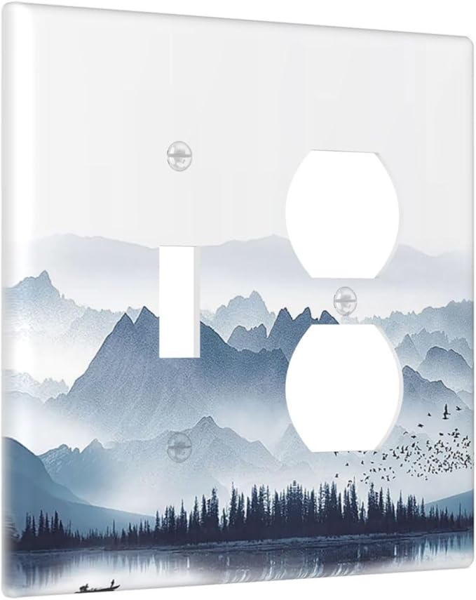 Wallplates Mountain Foggy Lake Boat Grey Blue Forest Birds 1 Toggle 1 Duplex Switch Plate Electrical GFCI Faceplate Decorative Light Switch Covers for Bedroom living Room Decor