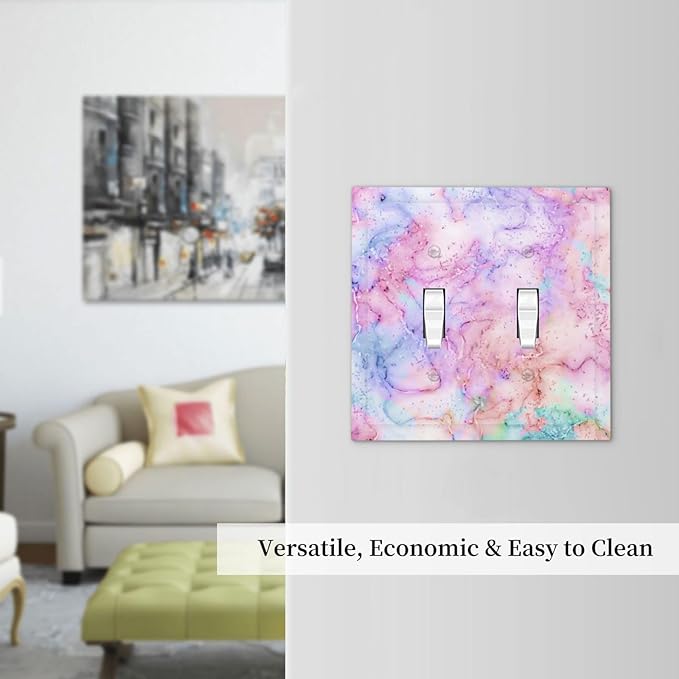 Decorative Switch Plate Covers Cute Marble Texture 2 Gang Double Toggle Light Switch Cover Pink Purple Gold Abstract Electric Wall Plate Dual Device Electrical Faceplate for Kids Girls Nursery Decor