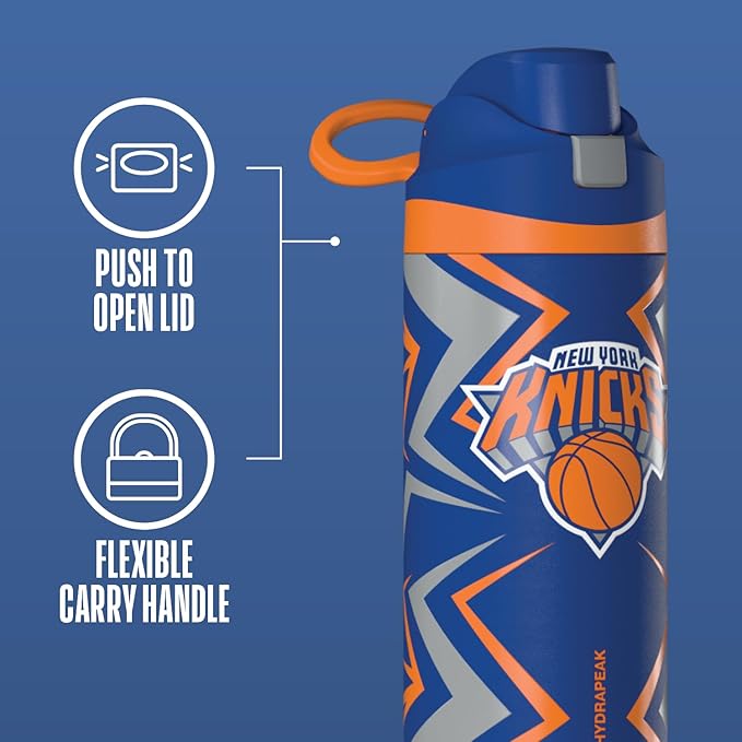 Hydrapeak x NBA Officially Licensed New York Knicks Oasis 20 oz Insulated Kids Water Bottle, Stainless Steel Water Bottle Kids with Chug Lid, Push Button