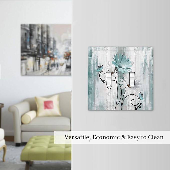 Teal Daisy Vintage Flower Butterfly Rustic Wood Print Decorative Switch Plates 2 Gang Double Toggle Outlet Light Switch Cover Wall Plate Electrical Faceplate for Farmhouse Home Decor