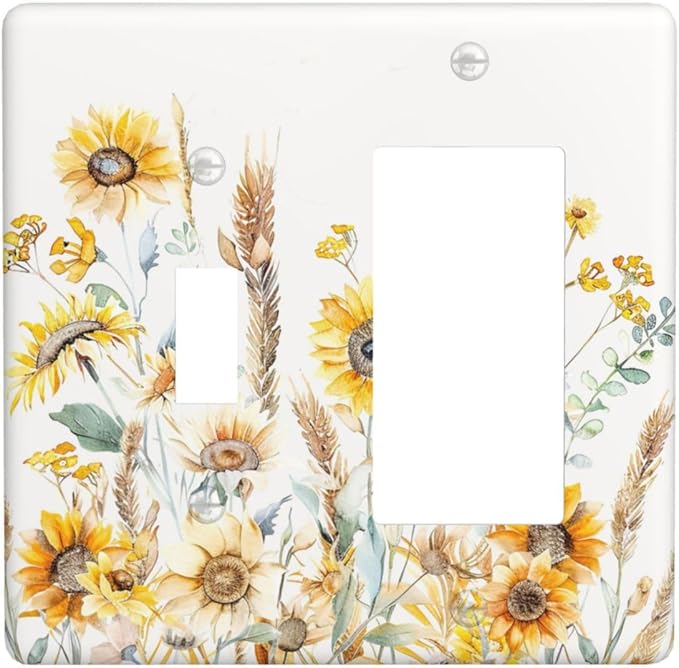 Yellow Floral Sunflowers Wheat Ears Watercolor Wild Flowers Outlet Covers 1 Toggle 1 Rocker Combination Decorative Wall Plate Electrical Switch Plates Light Switch Cover Plate for Bedroom Living Room