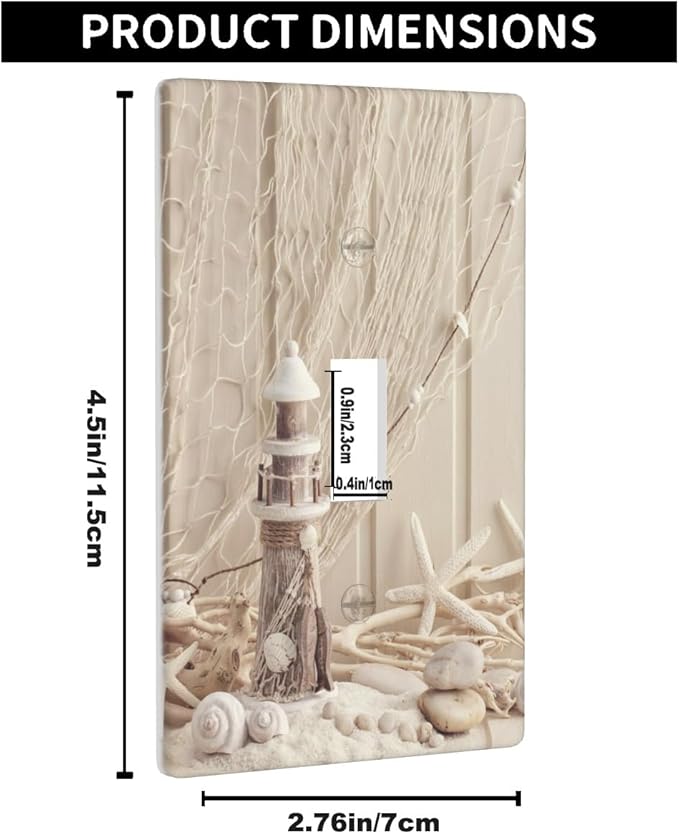 Coastal Nautical Light Switch Cover Plate Sea Shell Fishing Net Lighthouse Starfish Single Toggle Wall Plate 1 Gang Switchplate Home Decor for Living Room Kitchen 4.5"x 2.76"