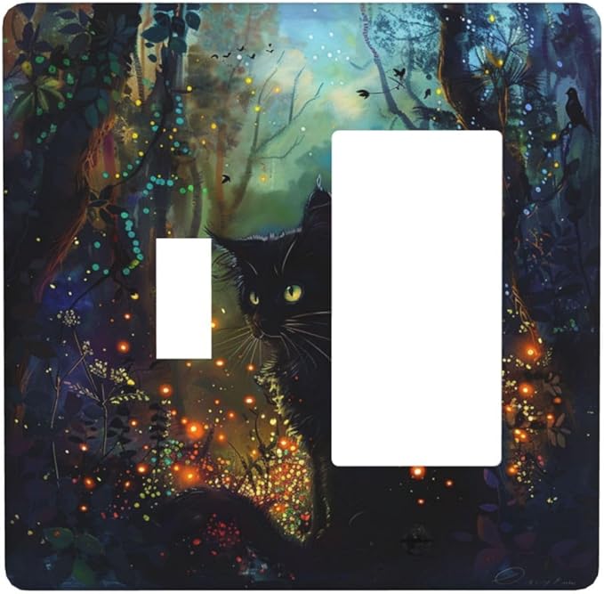 Light Switch Cover Plate Magic Fantasy Forest Mysterious Black Cat 2 Gang Combo Wall Plates Toggle Rocker Decorative Switch Plates and Outlet Covers for Kid Room Bathroom Decor