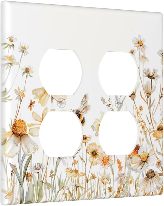 Yellow White Daisy Floral Bee Wild Flower Outlet Covers 2 Gang Double Duplex Decorative Light Switch Covers Electrical Wallplates Socket Faceplate for Bedroom Living Room Decor