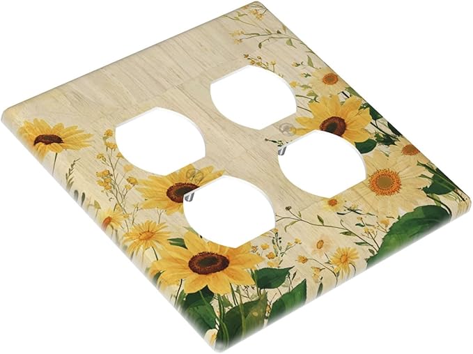 Decorative Outlet Covers with Vintage Botanical Sunflower Field Design 2 Gang Wall Plate Double Duplex Receptacle Light Switch Cover Switch Plate Cover for Nature Yellow Blooms Wall Decor
