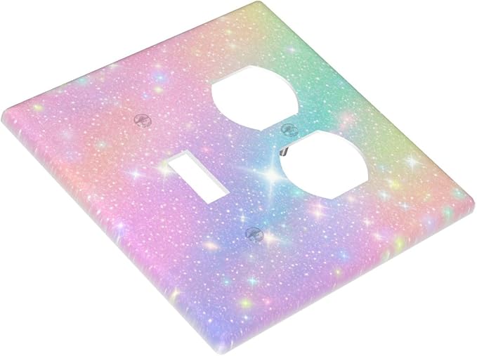 Decorative Light Switch Cover Plate Rainbow Shiny Gradient Colors 2 Gang Outlet Covers 1 Toggle 1 Duplex Wall Plate Decorate Electrical Switch Plate Covers for Kids Room Nursery Decor