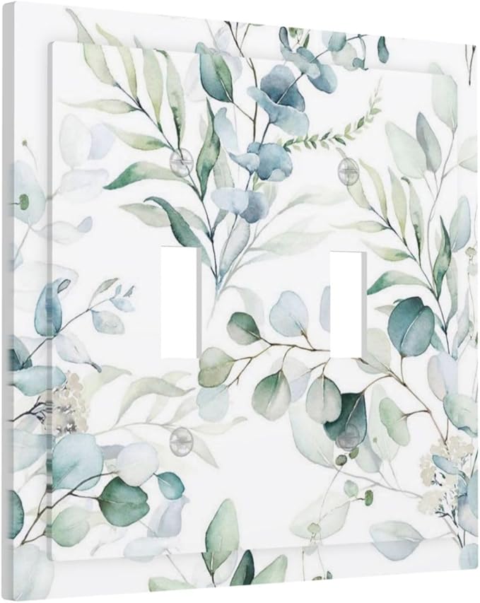 Watercolor Spring Eucalyptus Green Saga Boho Leaf Plant Botanical Floral Wild Flower Decorative 2-Gang Double Toggle Outlet Light Switch Wall Plate Electrical Receptacle Faceplate Cover Jumbo Size