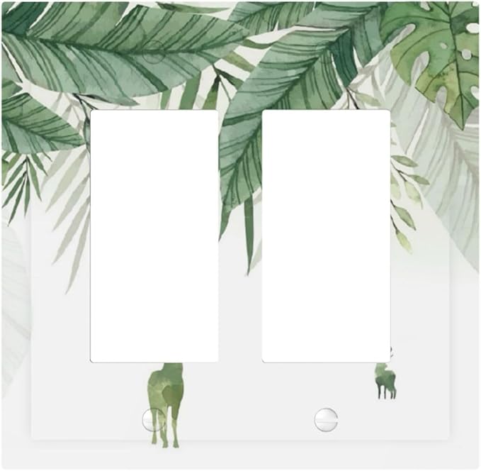 Deer Banana Leaves Palm Trees Green Plants Decorative Outlet Covers 2 Gang Double GFCI Rocker Electrical Wall Panels Light Switch Cover Plate for Bed Room Living Room Decor