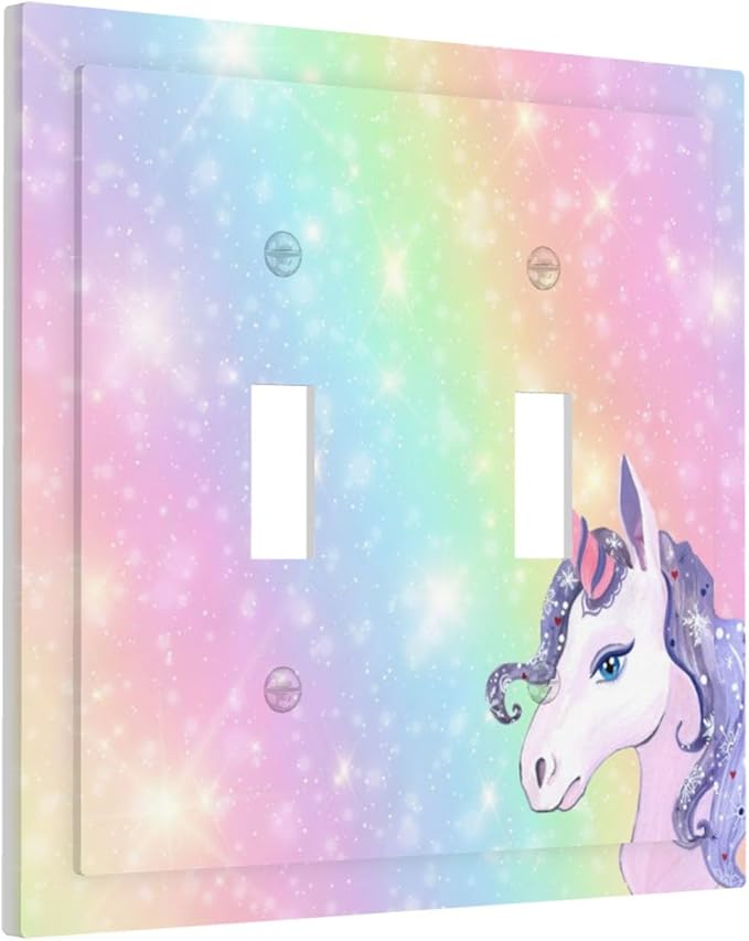 Rainbow Unicorn Double Toggle Switch Cover - 2-Gang Standard US Size Pastel Galaxy Sparkle Light Switch Covers, Magical Fantasy for Boys & Girls Bedroom