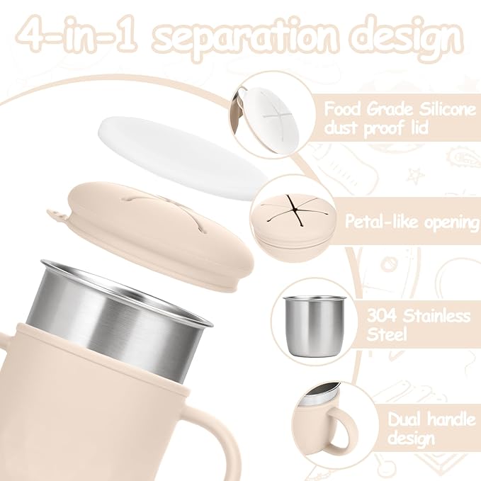 Mity rain Stainless Steel Snack Containers for Kids with Spill-Proof Silicone Lids & Handles - 3-in-1 Baby Snack Cups, No-Spill Toddler Snack Box, Perfect for On-the-Go Healthy Eating