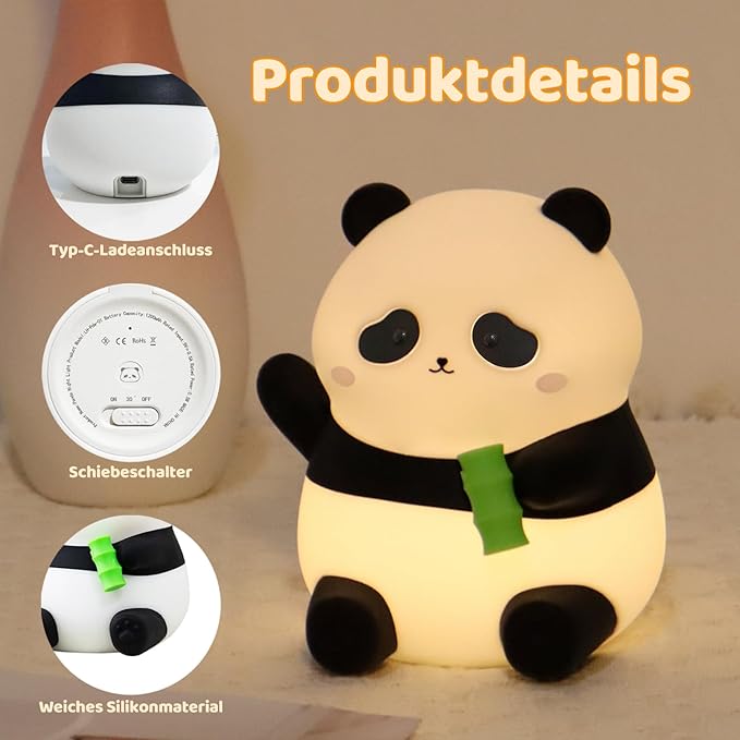 Rytinazzz Panda Night Light, 50-Hour Battery & Pat-to-Change Brightness, Squishy Silicone Lamp for Girls Kids Bedroom, USB Rechargeable with Timer, Mothers Day Gifts for Kids