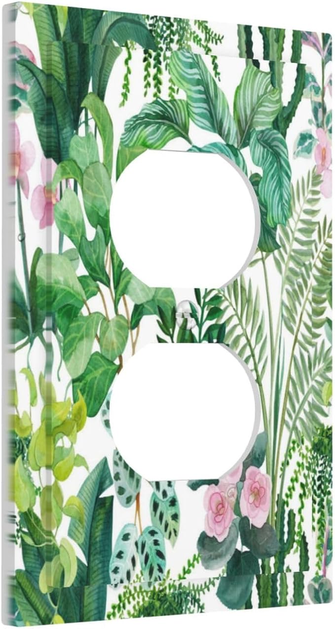 Tropical Palm Leaves Green Jungle Botanical Floral Flowers Outlet Covers 1 Gang Duplex Light Switch Cover Decorative Switch Plates Electrical Receptacle Faceplate Wall Plate for Bedroom Living Room
