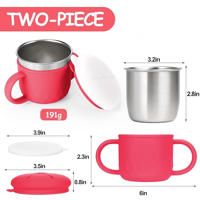 Toddler Snack Containers Stainless Steel Spill-Proof Snack Containers for Toddlers with Spill-Proof Silicone Lids and Handles 4-in-1 Baby Snack Cup is Dishwasher Safe for Easy use On The Go（Red）