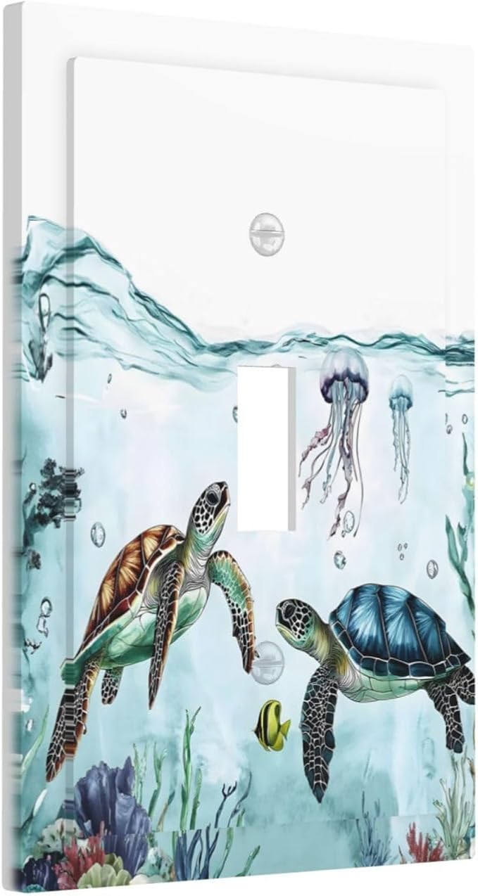 Sea Turtles Sea Coral Seaweed Ocean Jellyfish Decorative Light Switch Cover 1 Gang Single Toggle Device Electrical Faceplate Switchplates Decorator Outlet Wall Plate for Kids Room Bathroom Decor