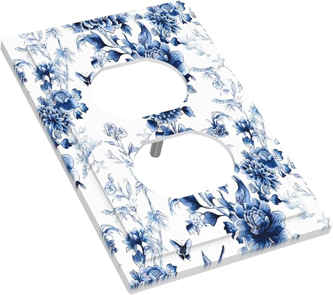 Blue Flower White Floral Plant Bird Butterfly Outlet Covers 1 Gang Duplex Light Switch Cover Decorative Switch Plates Electrical Receptacle Faceplate Wall Plate for Bedroom Living Room Decor