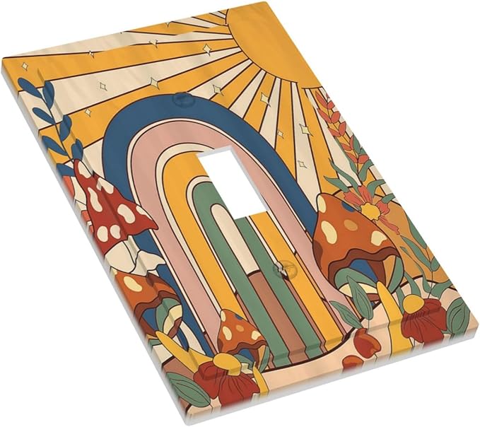 Decorative Light Switch Cover Mushroom Hippie Sun Rainbow Vintage Floral Funky Boho 1 Gang Single Toggle Decorator Outlet Wall Plate Device Electrical Faceplate Switchplates for Bedroom