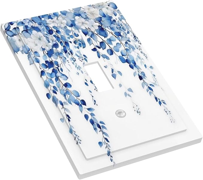 Blue Eucalyptus Leaves Floral Vine Flower Decorative Light Switch Cover 1 Gang Single Toggle Device Electrical Faceplate Switchplates Decorator Outlet Wall Plate for Bedroom Living Room Decor