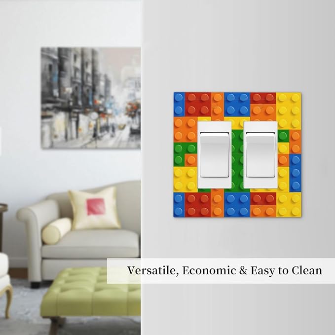 Building Blocks Theme Colored Bricks Print Decorative Outlet Covers 2 Gang Double GFCI Rocker Electrical Wall Panels Light Switch Cover Plate for Room Office Home Decor