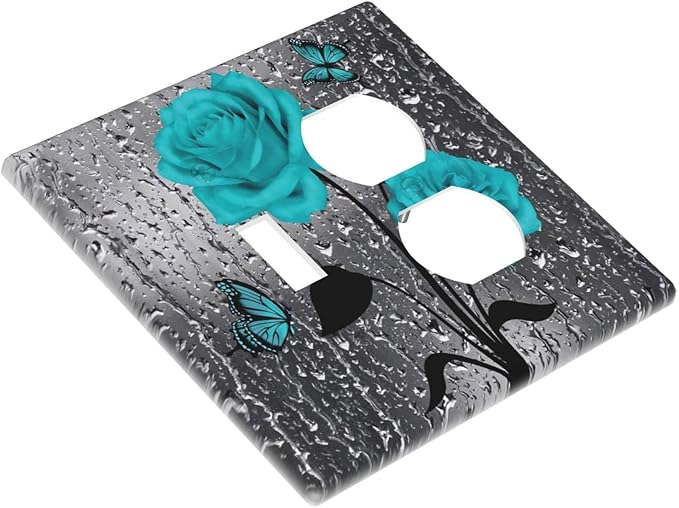 2-Gang 1-Toggle 1-Duplex Combination Wall Plate Women Elegant Butterfly Teal Blue Gray Rose Flower Water Raindrop Floral Two Combo Double Device Toggle/Outlet Receptacle Light Switch Face Plate Cover