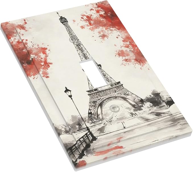 Parisian Watercolor Eiffel Tower 1-Gang Toggle Light Switch Plate, Paris Cherry Blossoms Romantic Vintage French Watercolor Decorative Wall Plate for Bedroom Decor