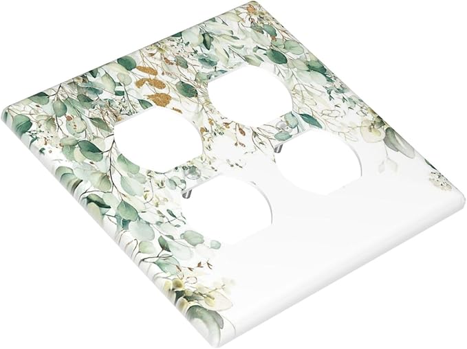 Gold Green Eucalyptus Leaves Plants Flowers Floral Outlet Covers 2 Gang Double Duplex Decorative Light Switch Covers Electrical Wallplates Socket Faceplate for Bedroom Living Room Decor