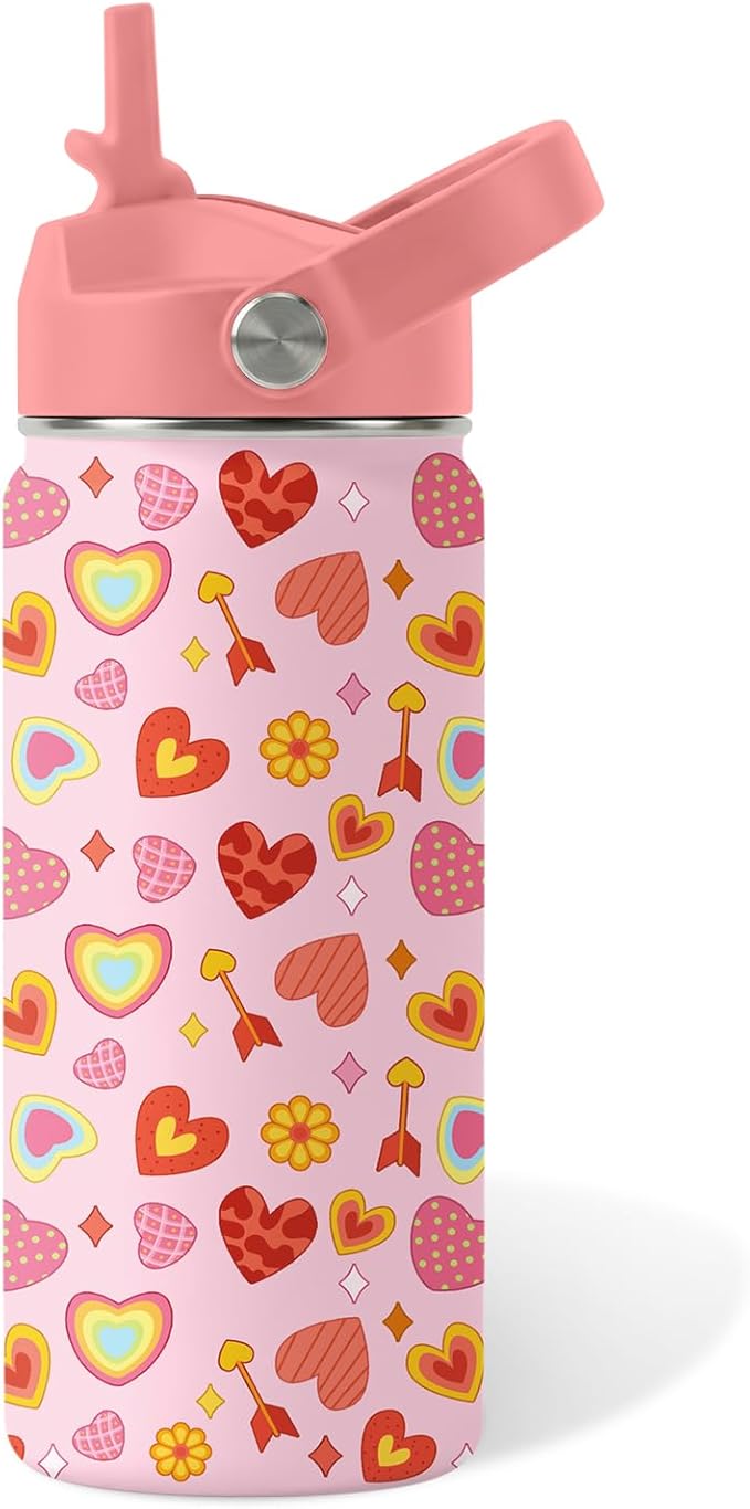 Heart Gifts for Kids - 16 Oz Kids Water Bottle with Straw Lid, Stainless Steel Insulated Tumbler, Leak Proof, BPA-Free, for Girls, School, Travel - Heart Pattern Children Birthday Gifts Cups(1pc)