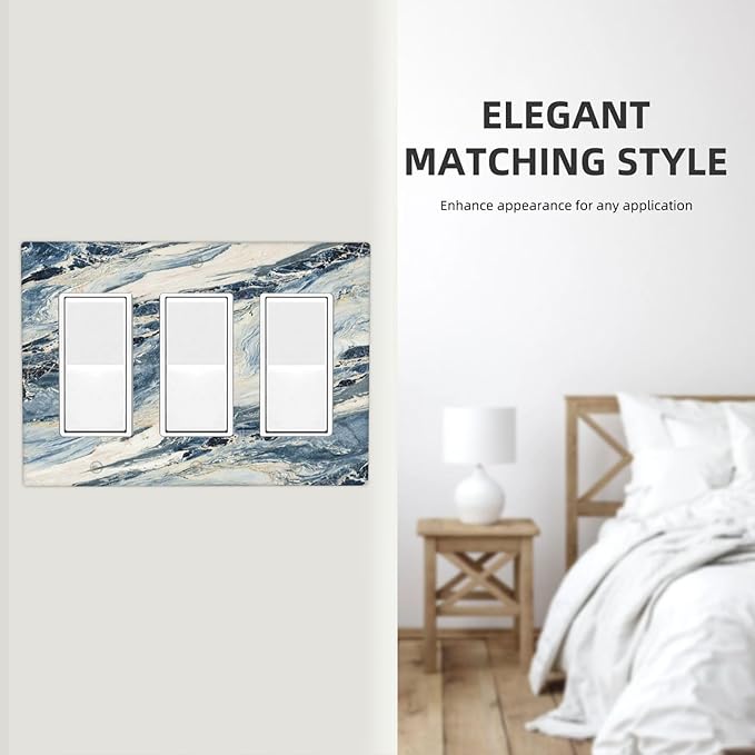 Light Switch Covers Blue Grey Marbling Modern Abstract Design 3 Gang Rocker Electrical GFCI Decorative Triple Outlet Wall Plate Cover Switchplate for Bedroom living Room Decor