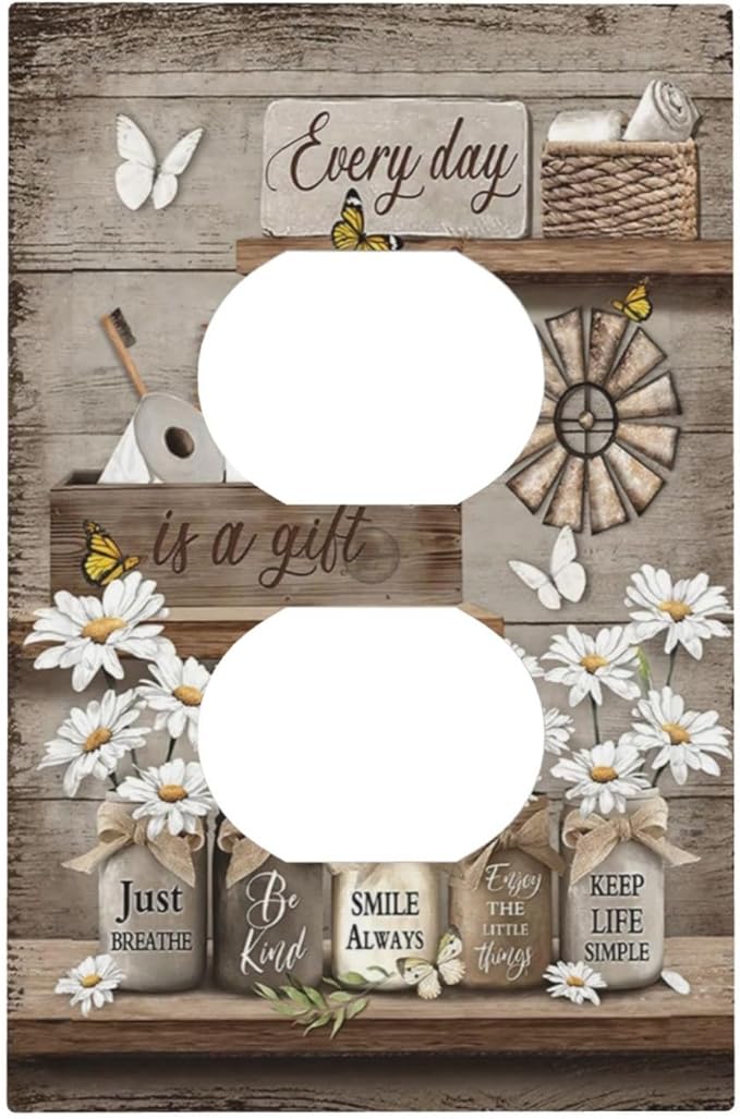 Rustic Daisy Flower Butterfly Inspirational Cottage Outlet Covers 1 Gang Duplex Light Switch Cover Decorative Switch Plates Electrical Receptacle Faceplate Wall Plate for Farmhouse Bedroom Decor