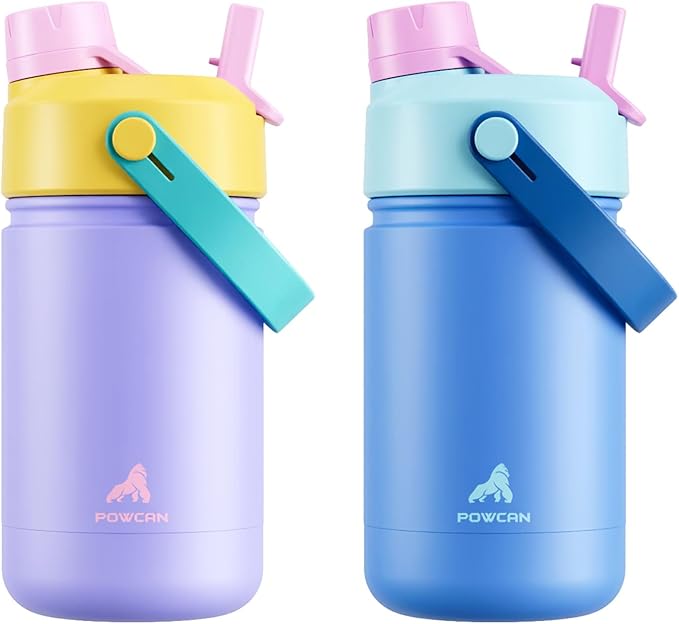 POWCAN 2 Pack 12 oz Kids Insulated Water Bottle for School: Leakproof, 2-in-1 Straw Spout Lid, BPA-Free, Keep Cold 24 Hrs, Stainless Steel Cup for Sports, Travel, Gift (Tangled Shine & Ohana Blue)