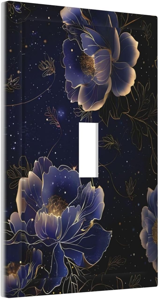 Navy Blue Floral Vintage Flower Dark Watercolor Decorative Light Switch Cover 1 Gang Single Toggle Device Electrical Faceplate Switchplates Decorator Outlet Wall Plate for Bedroom Living Room Decor