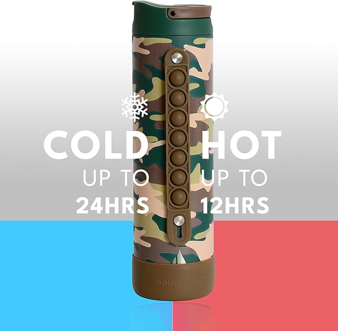 Elemental Iconic Kids Water Bottle for School - 100% Leak-Proof Insulated Water Bottles with Straw Lid & Pop-It Handle for Boys & Girls - Triple-Wall Insulated & BPA-Free, 20oz – Green Camo