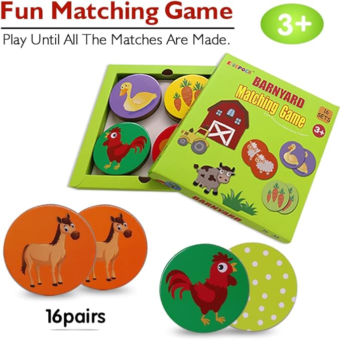 KiDEPOCH Memory Match Game – 16 Matching Pairs Preschool Memory Games Featuring Barnyard Element, Non Toxic Educational Memory Matching Game, Perfect for Kids, Toddlers, 3 Year Old or Up