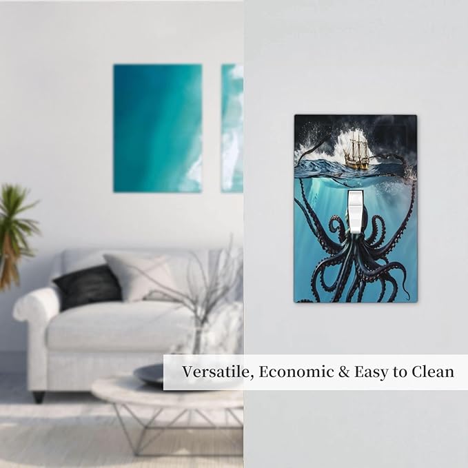 Light Switch Cover Plate Black Ocean Nautical Octopus Ship Funny Kraken 1 Gang Decorative Switch Plate Covers Single Toggle Wall Plates Electrical Faceplate for Bathroom Home Decor