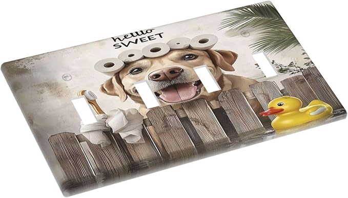 Funny Dog Rustic Farmhouse Wooden Fence Labrador Light Switch Covers Quad Toggle Electrical Faceplate 4 Gang Wall Plate Decorative Switch Plates For Kids Room Bathroom Decor