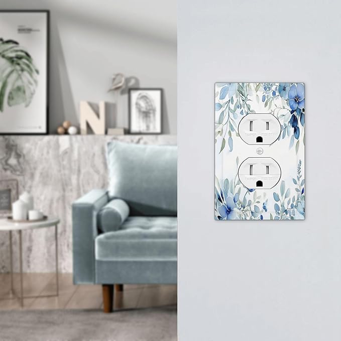Watercolor Blue Flower Plant Floral Green Leaves Outlet Covers 1 Gang Duplex Light Switch Cover Decorative Switch Plates Electrical Receptacle Faceplate Wall Plate for Bedroom Living Room Decor